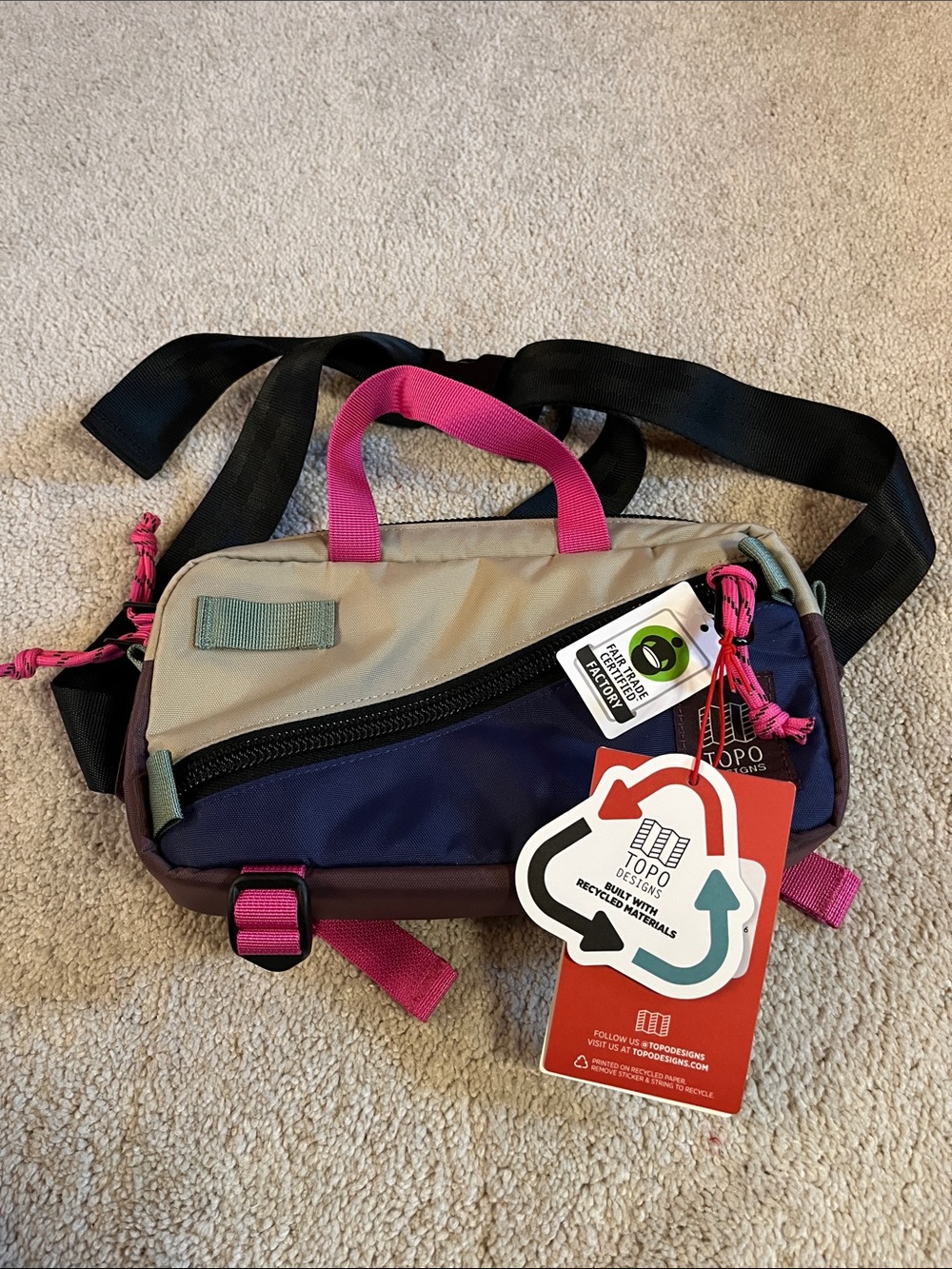 Topo Designs Crossbody Sling Bag in Pink, Navy & Tan